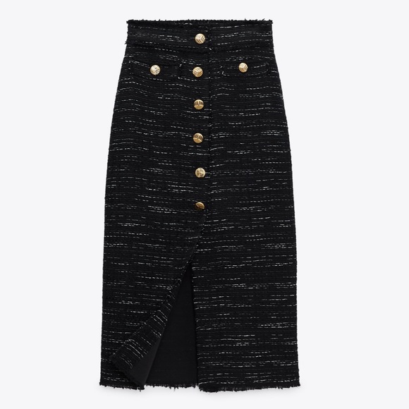ZARA Black Tweed Textured Gold Buttons Skirt - Picture 2 of 8